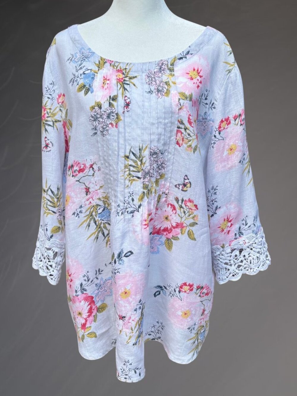 J. Jill Love Linen XL Floral Tunic Top Pintucks 3/4 Sleeves Crochet Lace Teacher - Picture 2 of 12